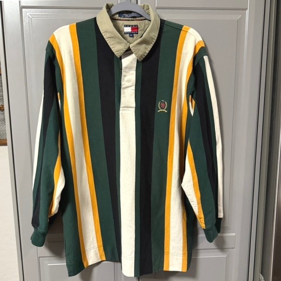 VTG Tommy Hilfiger Mens 90s Stripe Color Block Crest LS Rugby Polo Shirt,Multi,S - Picture 1 of 11